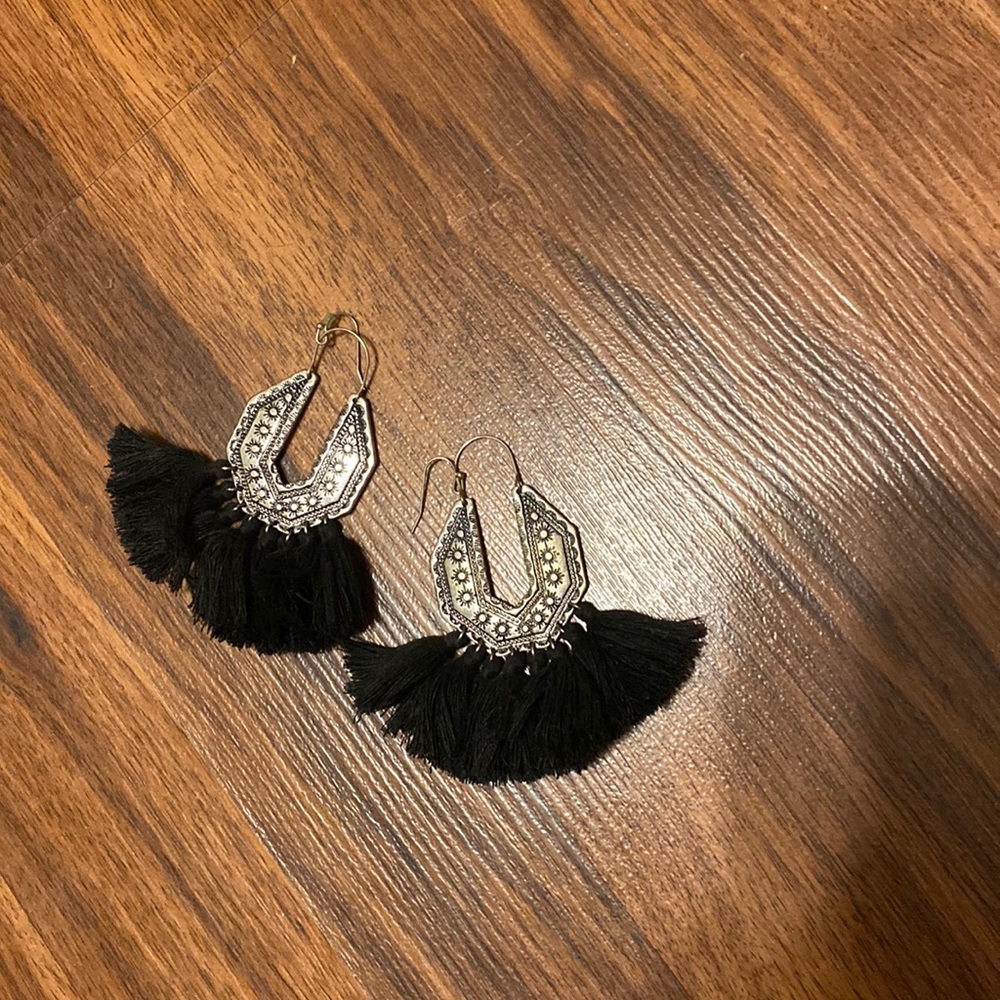 Silver black fluffy tassel earrings